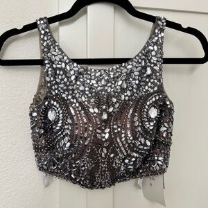 Sherri Hill 11061 Crop Top Dress - Rhinestone - Size 0 Gunmetal Gray Silver NWT